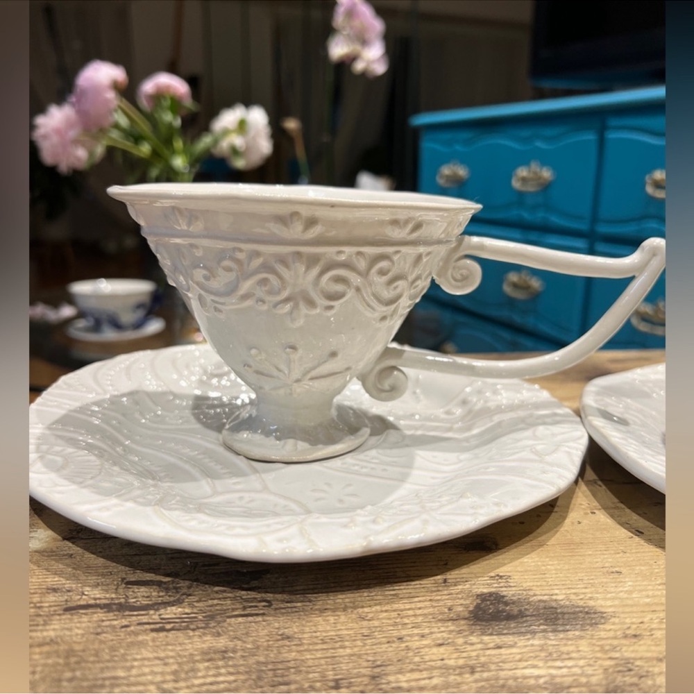 Set of 2 White Embossed Ceramic Tea Cups with Matching Saucers Vintage Style